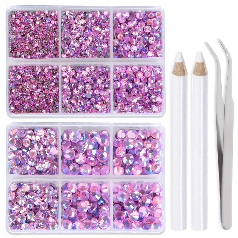 LPBeads 6400 Pieces Pink AB Hotfix Rhinestones Flat Back 5 Mixed Sizes Crystal Round Glass Gems with Tweezers and Picking Rhinestones Pen - Image 1